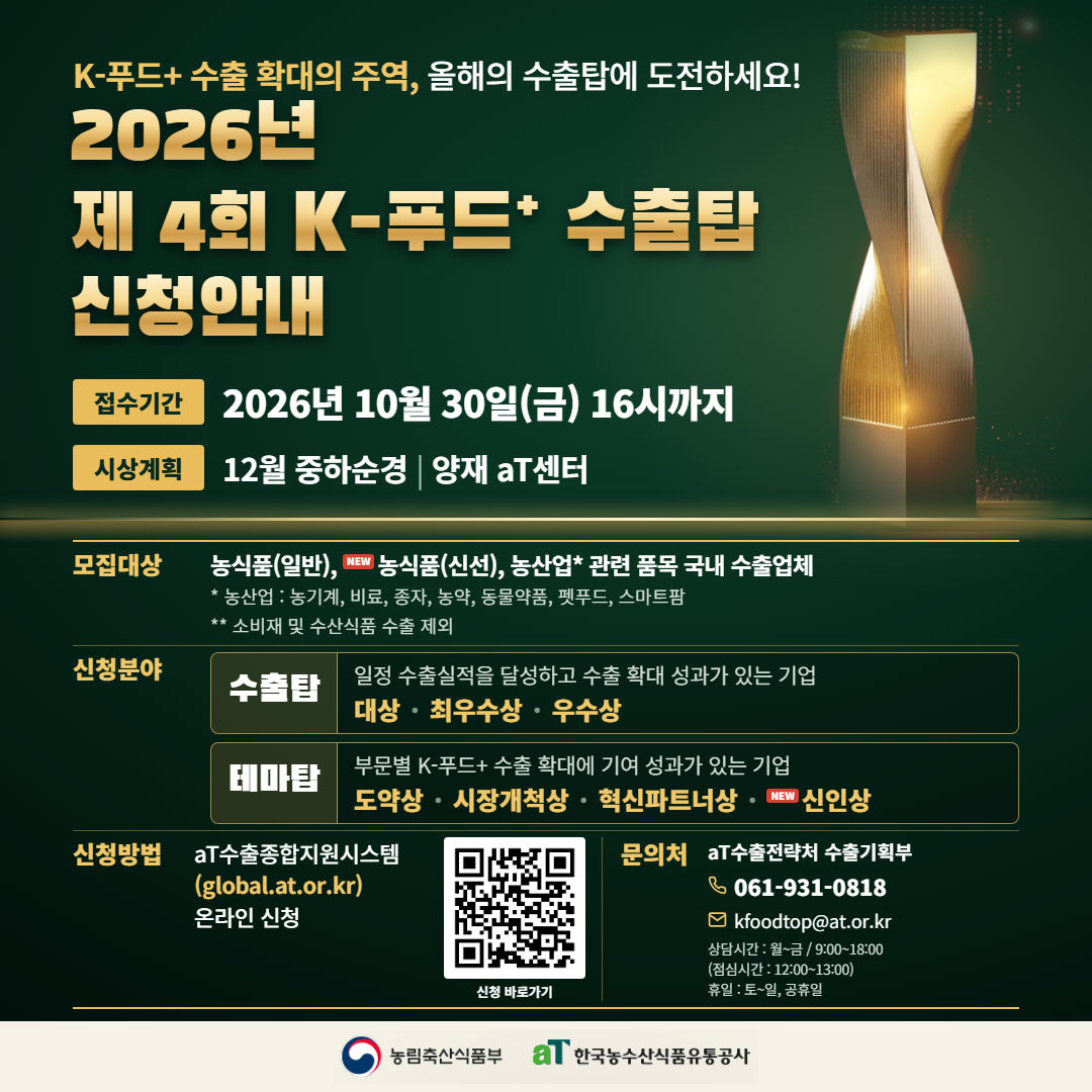 제4회 K-푸드+ 수출탑 대상기업 모집공고